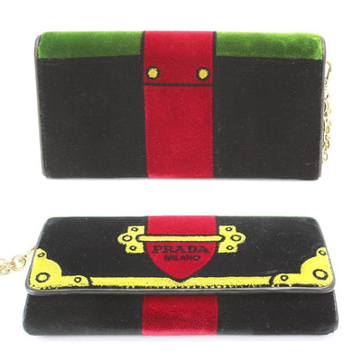 Prada Portafoglio Pattina Cammello Black and Green Velvet Ricamo Wristlet 1MH019