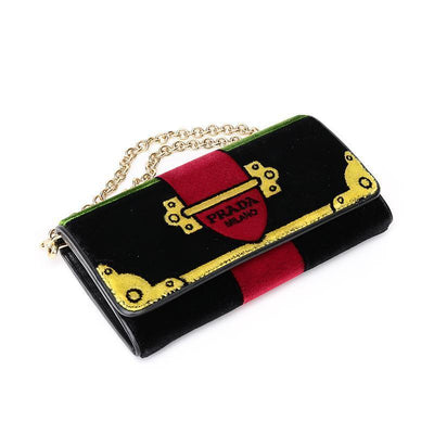 Prada Portafoglio Pattina Cammello Black and Green Velvet Ricamo Wristlet 1MH019