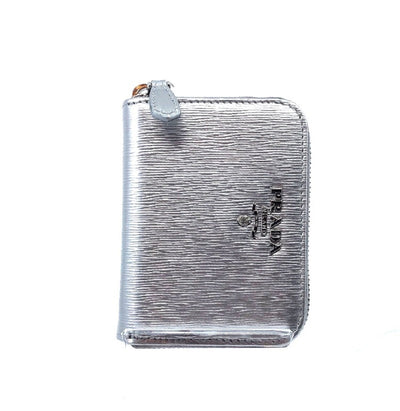 Prada Portamonete Verticale Cromo Silver Vitello Move Leather Zipper Wallet 1MM268